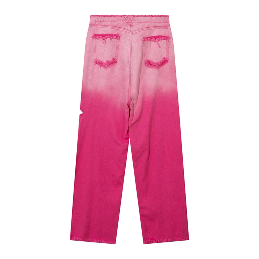 Women Pants Gradient Pink Ripped Jeans