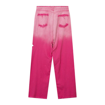 Women Pants Gradient Pink Ripped Jeans