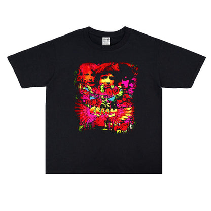 Rock Star T Shirt Cream Band Printed Washed Distressed T-shirt Short Sleeve Loose round Neck Cotton Men and Women