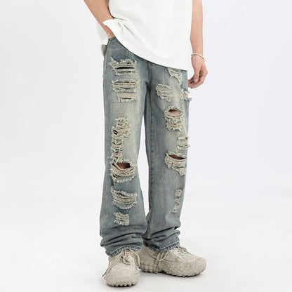 Men Jeans Ripped Jeans Vintage Distressed Straight-Leg Denim Trousers