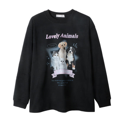 Men Long Sleeve T-shirt Dogs and Cats Animal Print Length Undershirt T-shirt