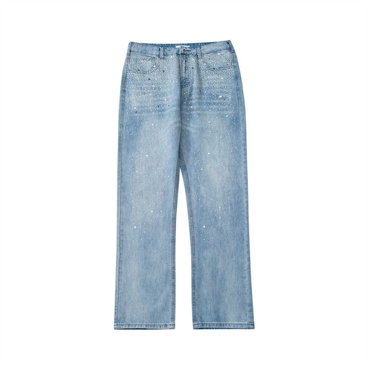 Men Jeans Solid Color Diamond-Embedded Loose Wide-Leg Pants Trendy Casual