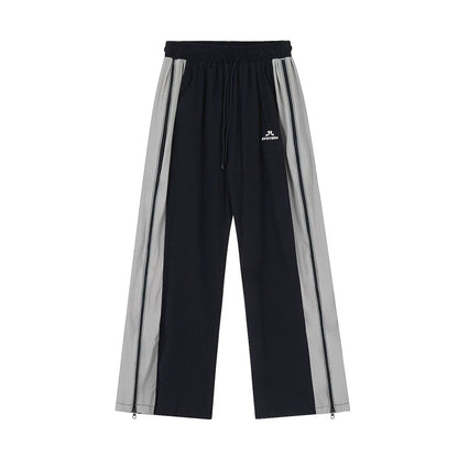Men Sweatpants Side Zipper Stitching Casual Wide Leg Pants Elastic Waist Straight-Leg Trousers