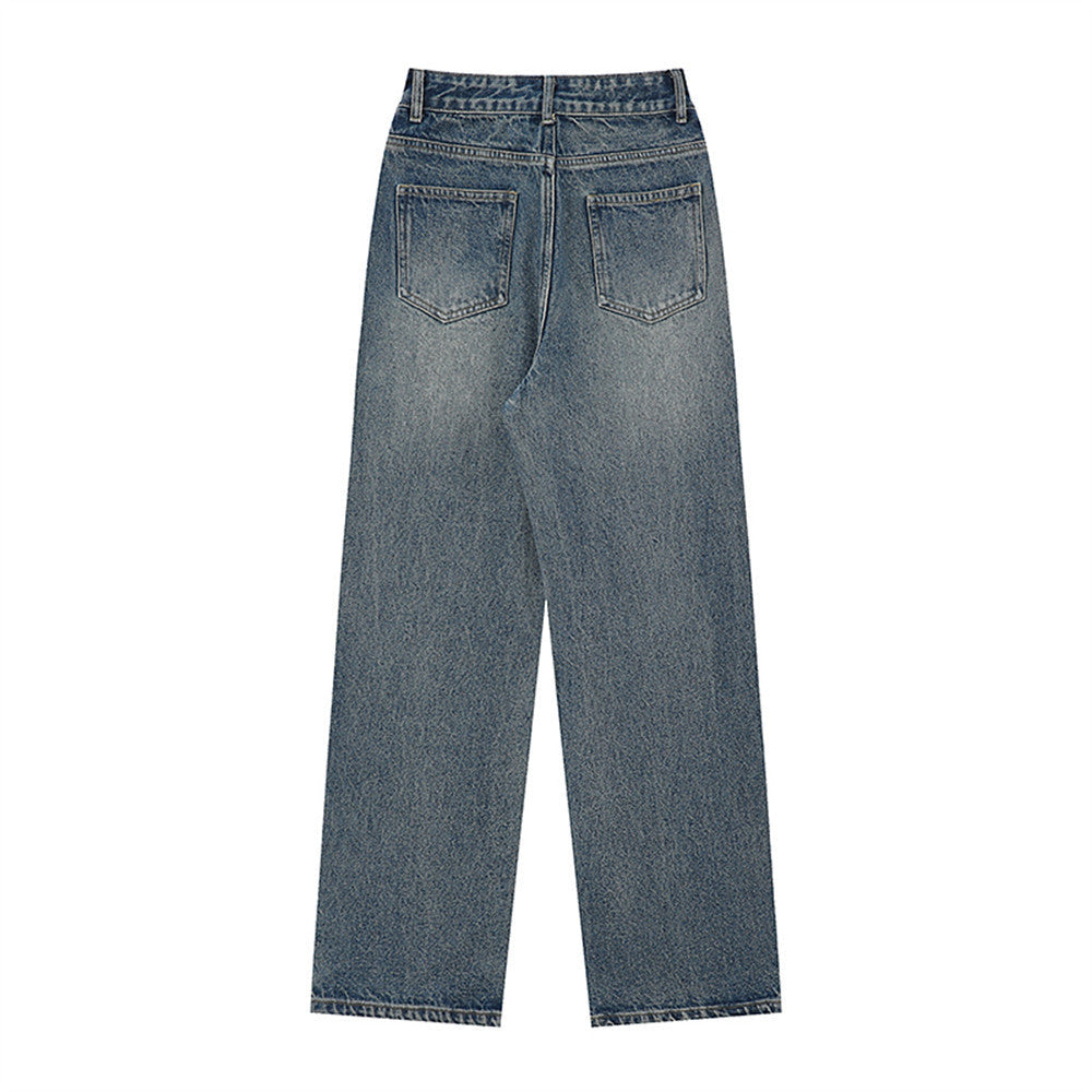 Women Pants Pocket Straight Jeans Loose High Waist Wide Leg Pants Casual Washed Trousers