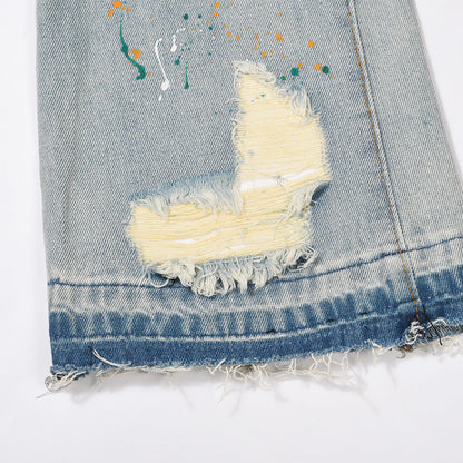 Men Jeans Rough Edge Splash Ink Hole Slightly Flared Loose Casual