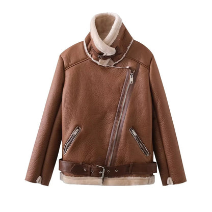 Women Cotton Coat Lamb Wool Thickened Warm Leather Coat