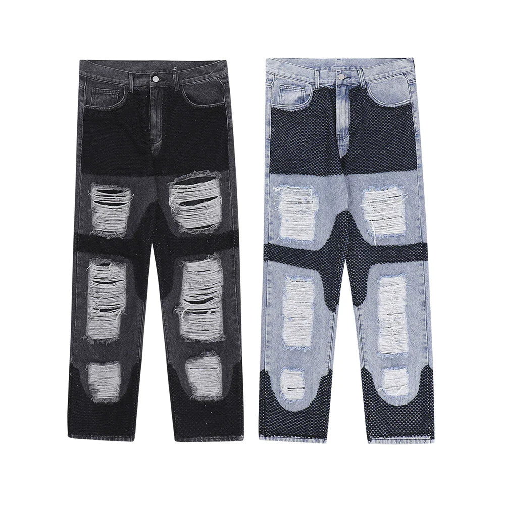 Men Jeans Stitching Ripped Leisure Wide Leg
