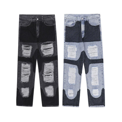 Men Jeans Stitching Ripped Leisure Wide Leg