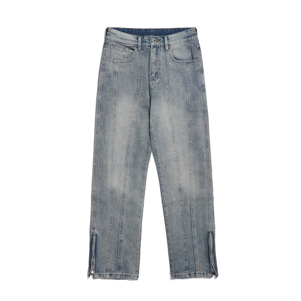Men Jeans White Distressed Stitching Zipper Slit