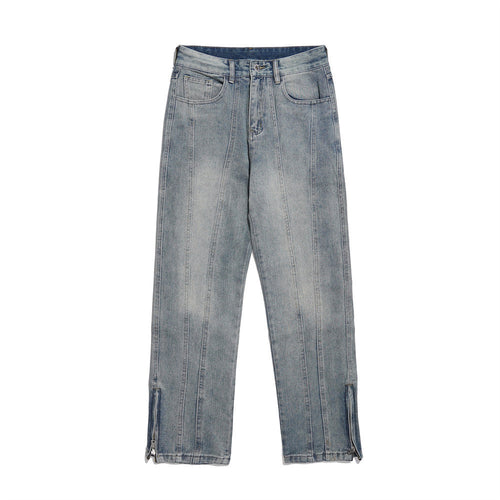 Men Jeans White Distressed Stitching Zipper Slit
