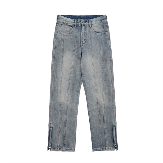 Men Jeans White Distressed Stitching Zipper Slit