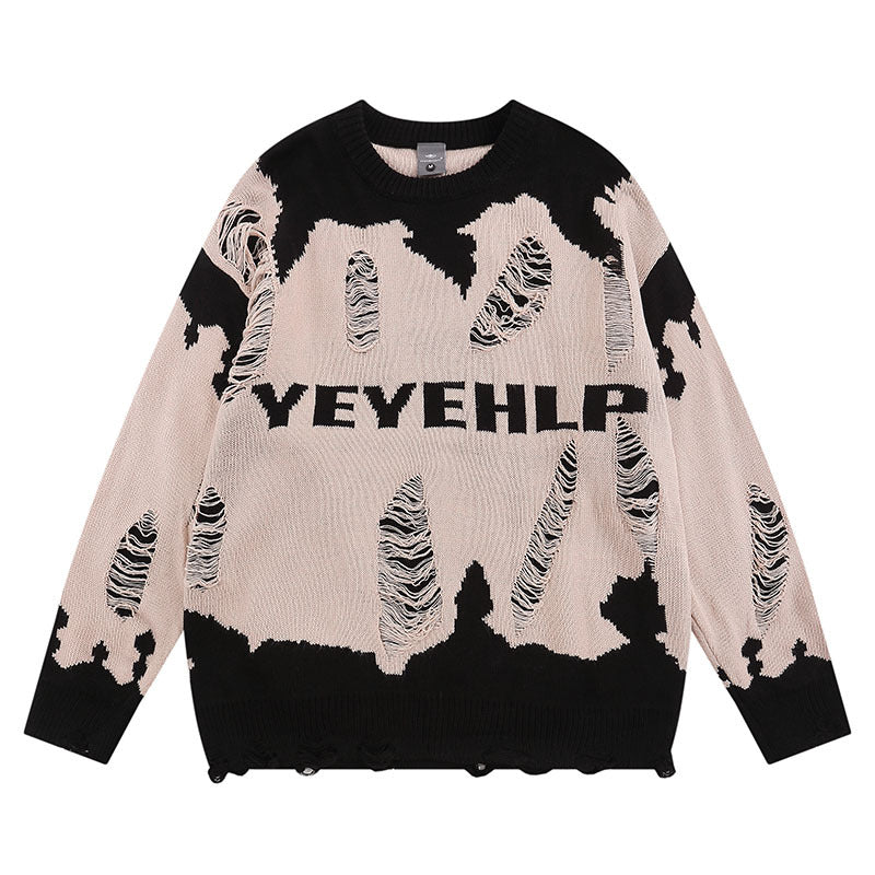 Women Sweater Retro Tattered Jeans Contrast Color Knitted Sweater