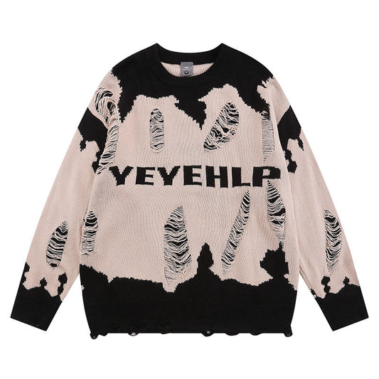 Women Sweater Retro Tattered Jeans Contrast Color Knitted Sweater
