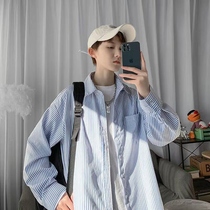 Men Shirts Blue and White Striped Casual Jacket
