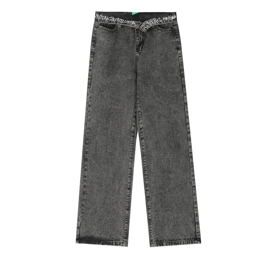 Women Pants Flanging Letter Embroidered Jeans Straight-Leg Pants