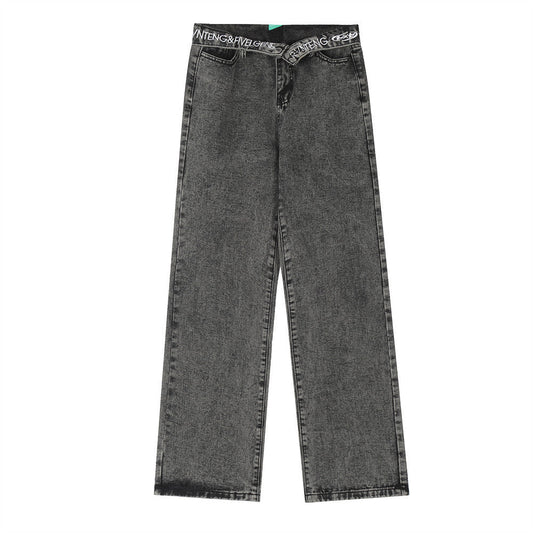 Women Pants Flanging Letter Embroidered Jeans Straight-Leg Pants