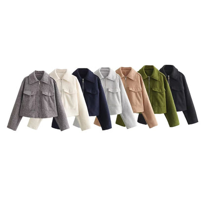Women Tops Spring Zipper Short Jacket Polo Collar Top