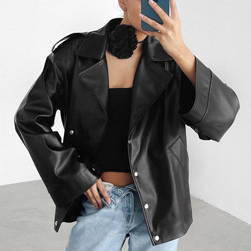 Women Trench Coat PU Leather Jacket Fleece-lined Autumn and Winter Loose