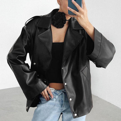 Women Trench Coat PU Leather Jacket Fleece-lined Autumn and Winter Loose