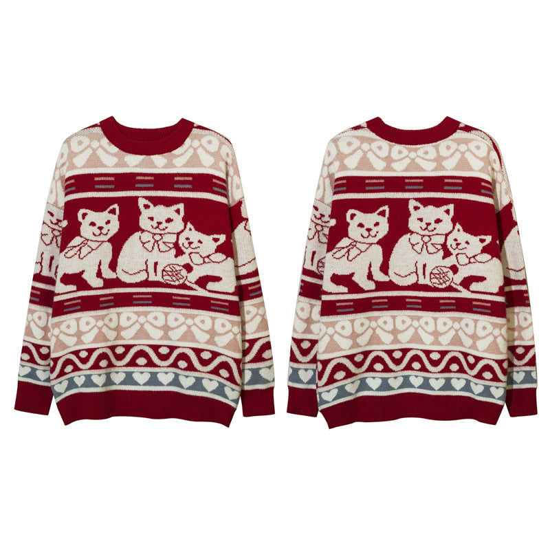 Women Sweater Contrasting Color Jacquard Special-Interest Design Loose Hole