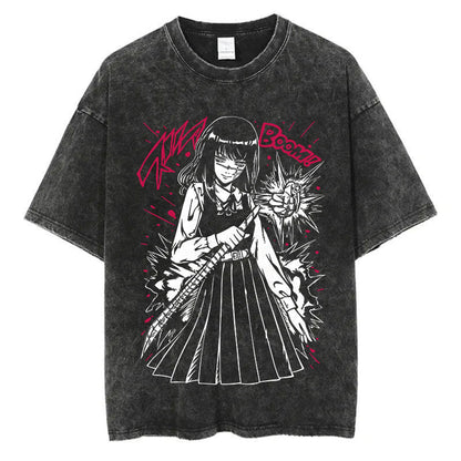 Anime Chainsaw Men Washed Tshirt Retro Hip Hop Streetwear