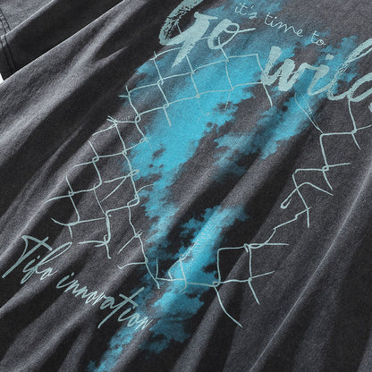Men Vintage T-Shirt Printed Men's Short-Sleeved T-shirt Ins Distressed round Neck Summer Loose