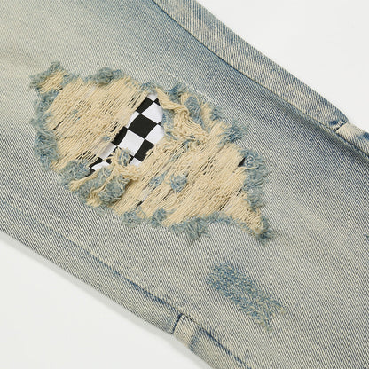 Men Jeans Hole & Patch Washed Worn Jeans Men's Zipper Split Casual Tights Trendy Slim Fit Skinny Pants