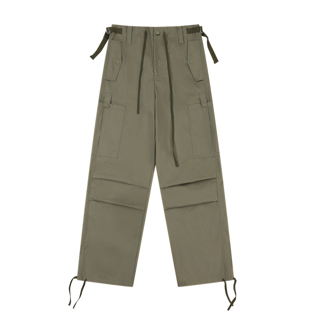Men Sweatpants Casual Straight Trousers Loose Cargo Pleated Drawstring Ankle Banded Pants