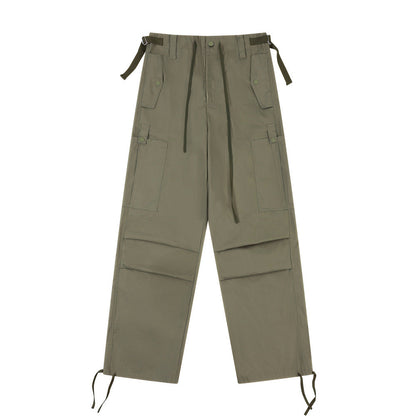 Men Sweatpants Casual Straight Trousers Loose Cargo Pleated Drawstring Ankle Banded Pants