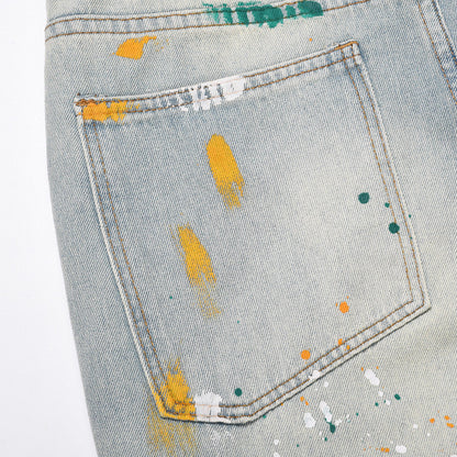 Men Jeans Rough Edge Splash Ink Hole Slightly Flared Loose Casual