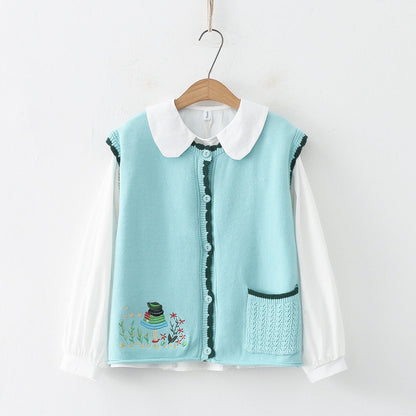 Women Knitted Cardigan Spring Knitted Embroidered Single Breasted Vest Jacket