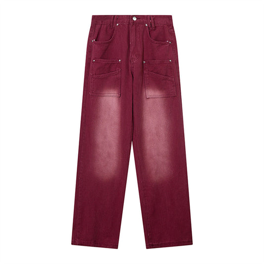 Women Pants Gradient Cargo Jeans Loose High Waist Straight Pants