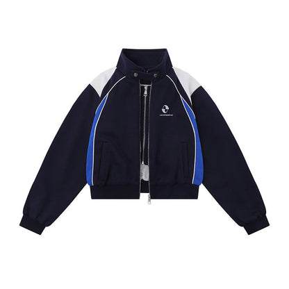 Women Jackets Color Stitching Stand-Collar Zipper Vintage