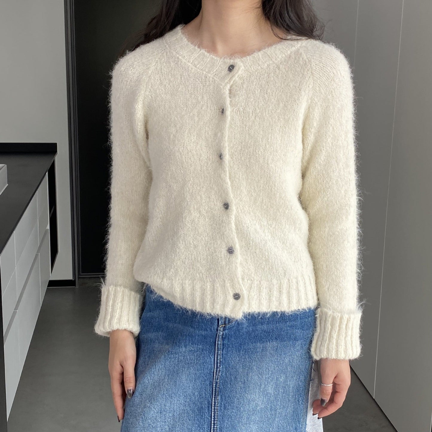 Women Cardigan Sweater Spring Alpaca Fleece/Fiber Cardigan Jacket Long-Sleeved round Neck Sweater Cardigan D2366