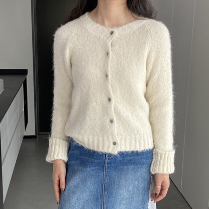 Women Cardigan Sweater Spring Alpaca Fleece/Fiber Cardigan Jacket Long-Sleeved round Neck Sweater Cardigan D2366