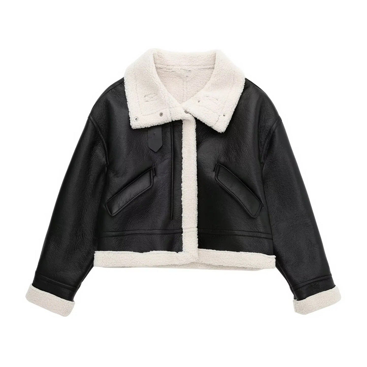 Women Cotton Coat Thickened Lamb Wool PU Leather Jacket