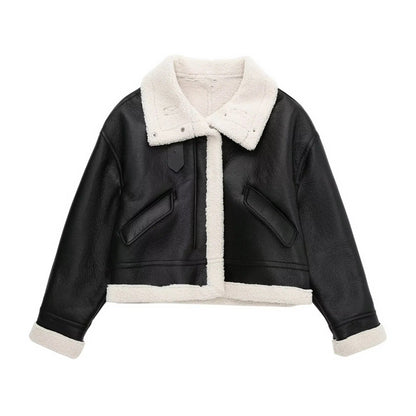 Women Cotton Coat Thickened Lamb Wool PU Leather Jacket