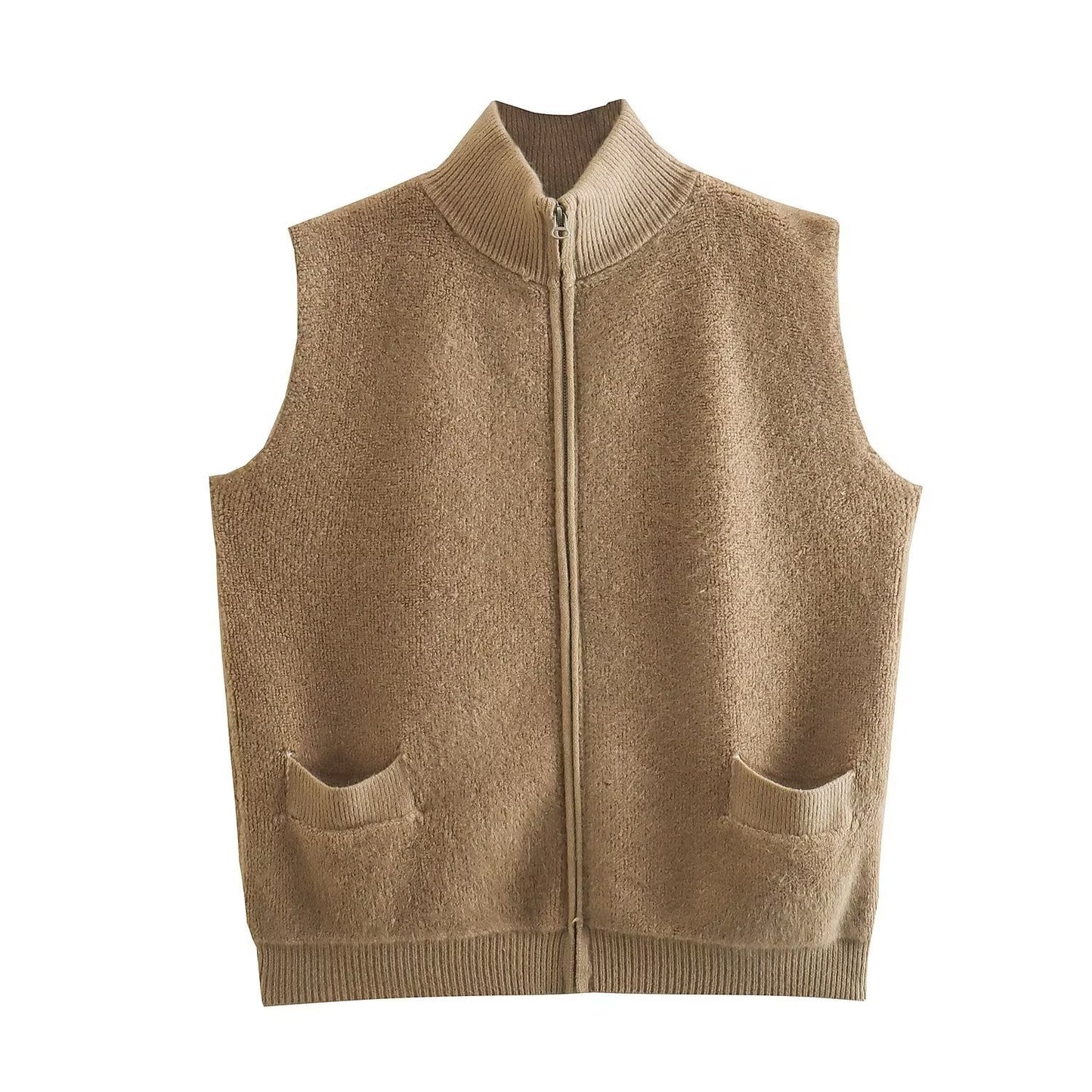 Women Sweater Knitwear Autumn Stand Collar Double Pocket Sleeveless Knit Vest Vest Jacket