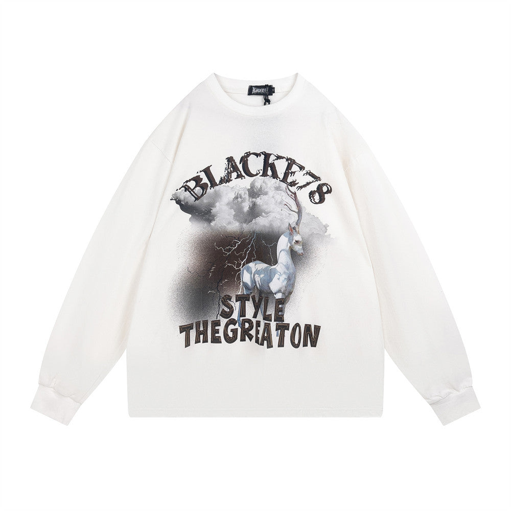 Men Long Sleeve T-Shirt White Elk Printing