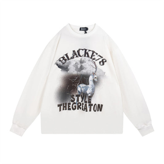 Men Long Sleeve T-Shirt White Elk Printing