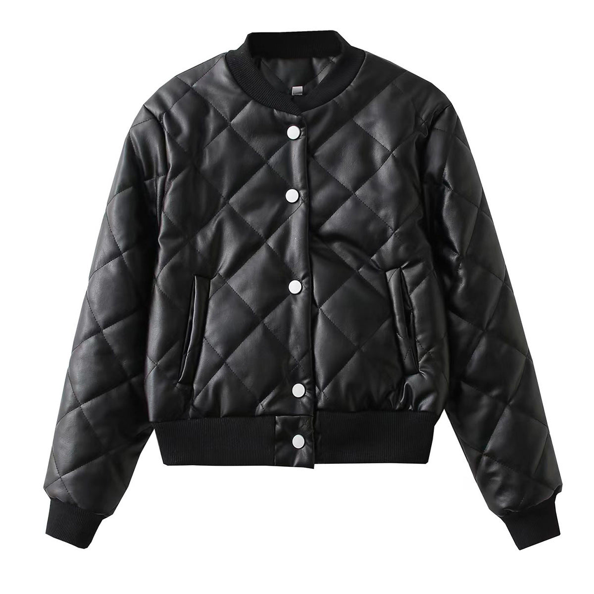 Women Cotton Coat PU Leather Jacket Stand Collar Cardigan Fashion
