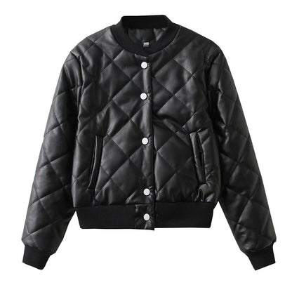 Women Cotton Coat PU Leather Jacket Stand Collar Cardigan Fashion
