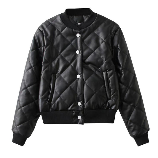 Women Cotton Coat PU Leather Jacket Stand Collar Cardigan Fashion