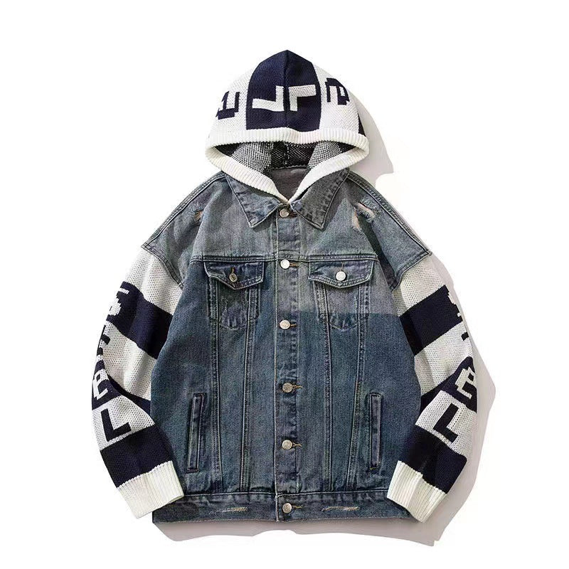 Men Jacket Coat Patchwork Knitting Hooded Denim Jacket Men's Loose Autumn and Winter Baggy Casual Jacket