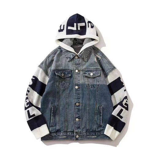 Men Jacket Coat Patchwork Knitting Hooded Denim Jacket Men's Loose Autumn and Winter Baggy Casual Jacket