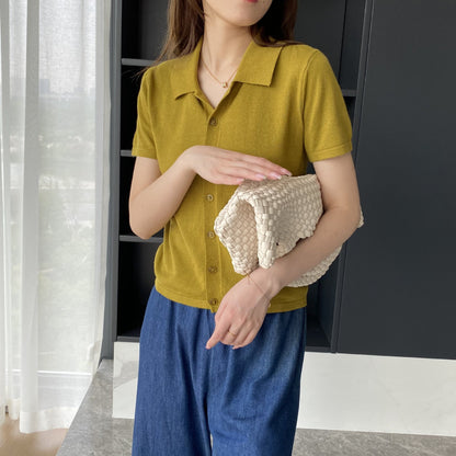 Women Knitted T-shirt Knitted Cardigan Jacket Slim Fit Short Sleeve Polo Collar Top
