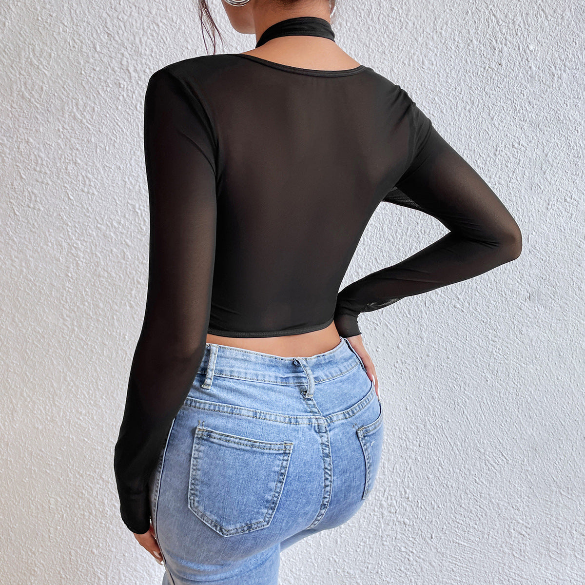 Women Party Tops Long-Sleeved T-shirt Steel Ring Fishbone Waist Top