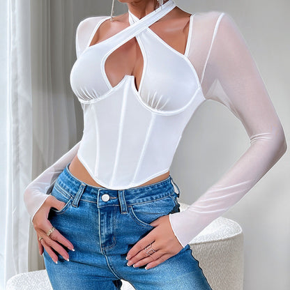 Women Party Tops Long-Sleeved T-shirt Steel Ring Fishbone Waist Top
