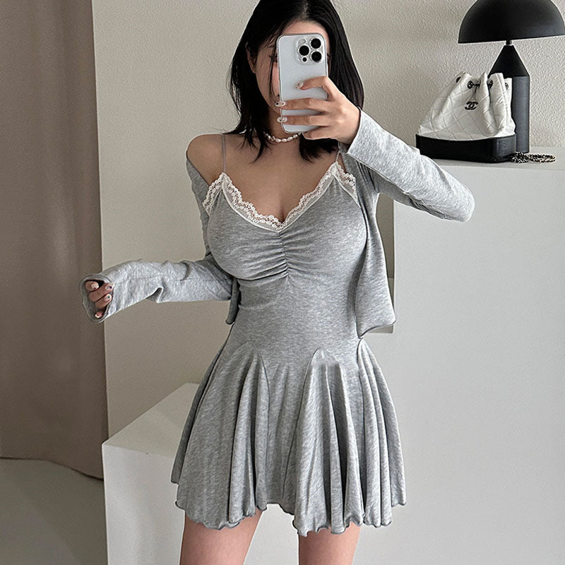 Women Dresses Lace V-neck Slip Dress Long Sleeve Jacket
