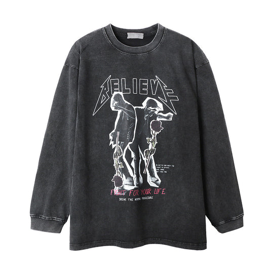 Men Long Sleeve T-Shirt Character Rose Printed Distressed Shake Bottoming Shirt